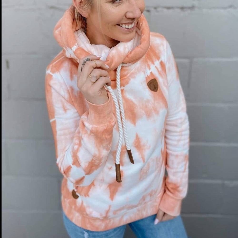 Wanakome Artemis Tie Dye Pink and White Cowl Neck hoodie Sweatshirt medium